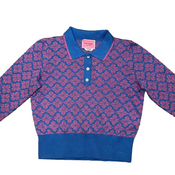 Kate Spade Women’s Flower Polo Sweater size Medium Pink & Blue✨ - Picture 3 of 12
